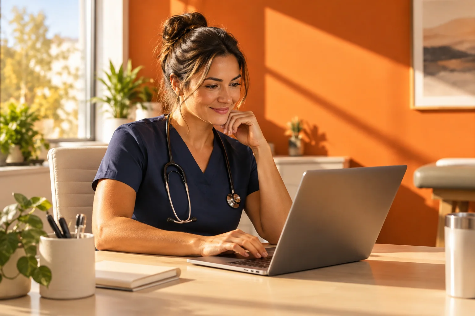 Care team member reviewing information on a laptop